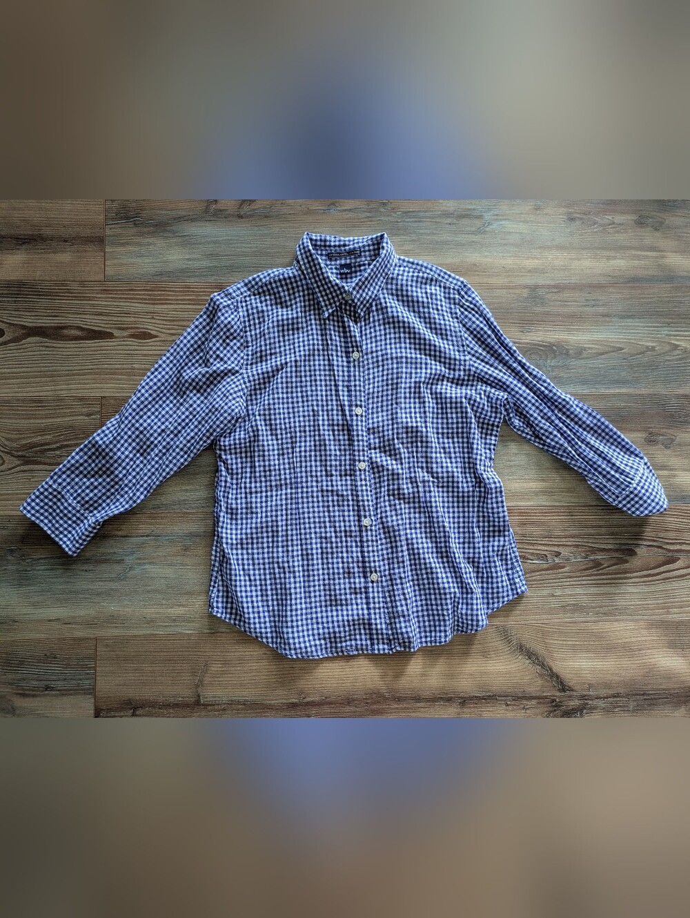 American Living Blue & White Gingham Plaid Long Sleeve Button Down Collared Top